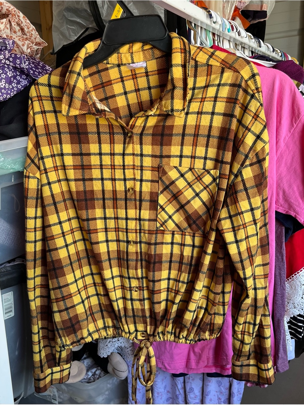No Boundaries Yellow & Brown Plaid Drawstring Flannel Shirt sz. Juniors XL 15-17